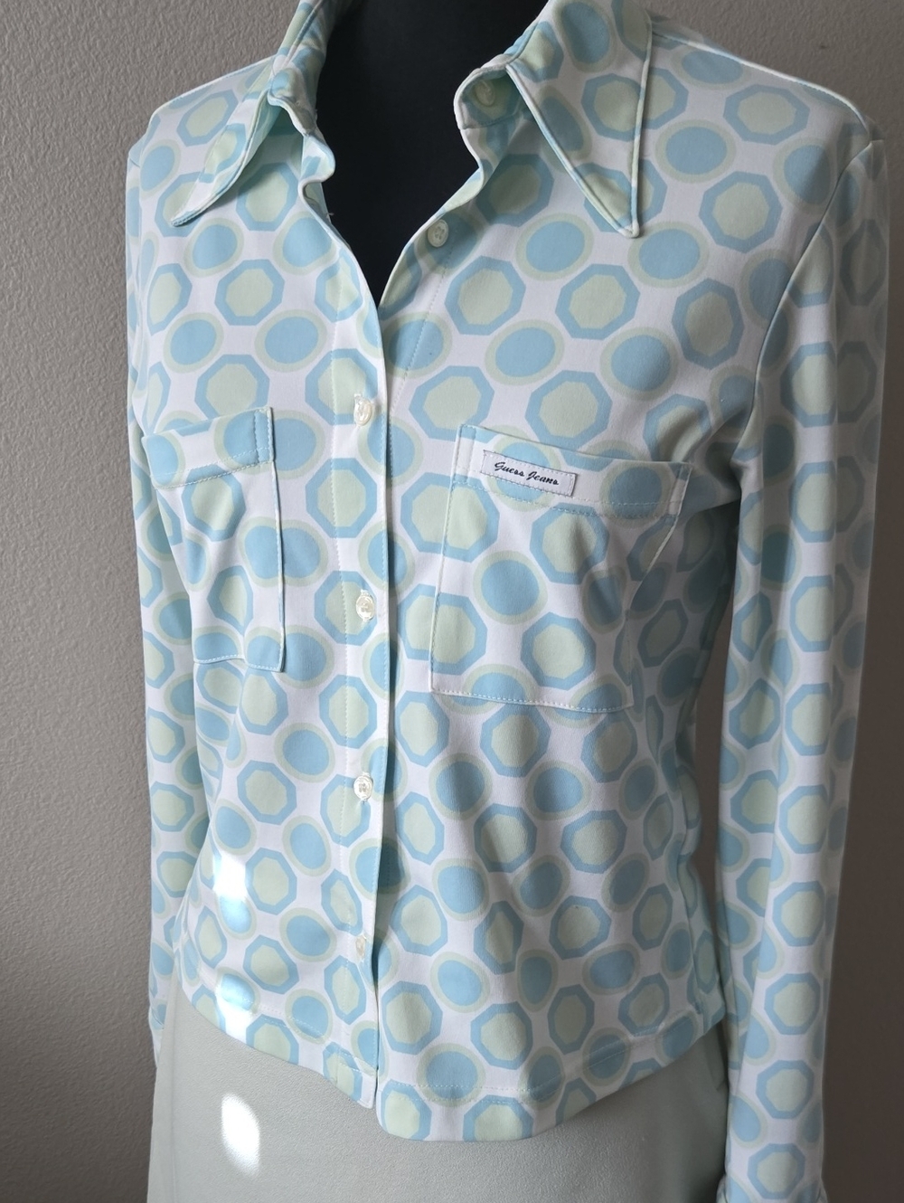 GUESS Retro Geometric Print Button-Up Blouse in Light Blue, Cream & Sage Green